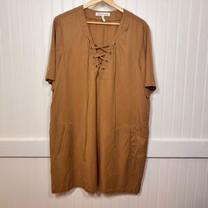BCBGeneration Brown Shift Dress Minimalist Earthy Lace Up Pockets Short Sleeve